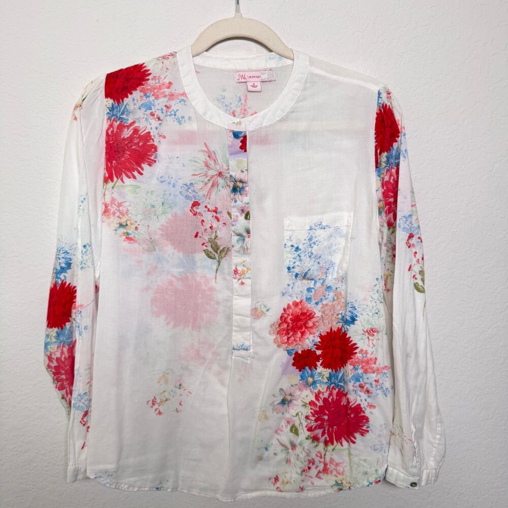 JW Womens Blouse Top Size S Artsy Floral Boho Lightweight Cotton White